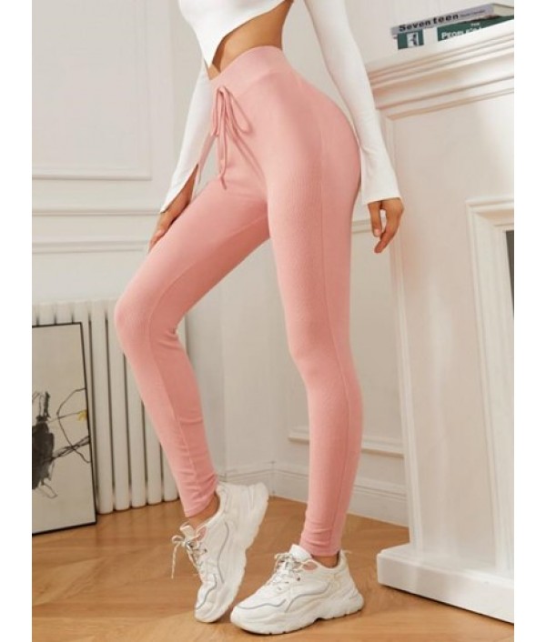 Solid Ribbed Tie High Waisted Leggings