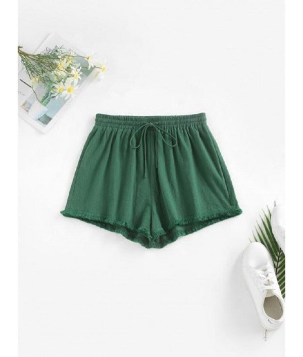 Drawstring High Waisted Frayed Hem Shorts