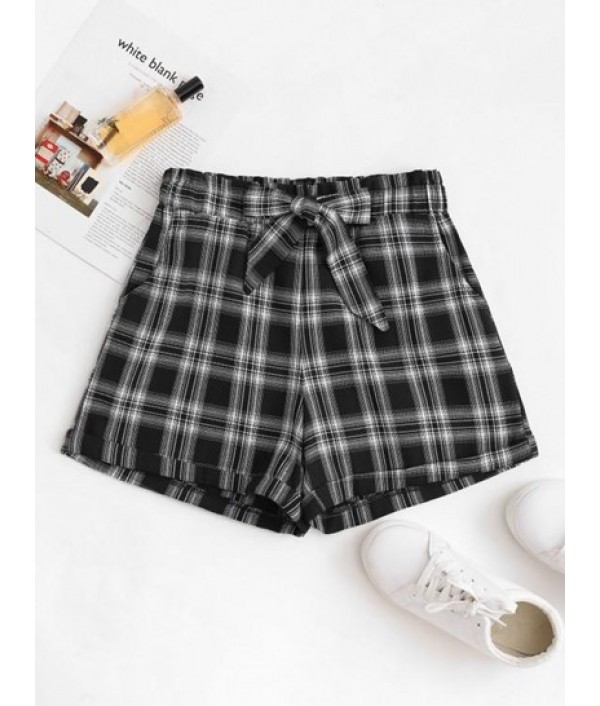 Tie Waist Cuffed Hem Plaid Paperbag Shorts