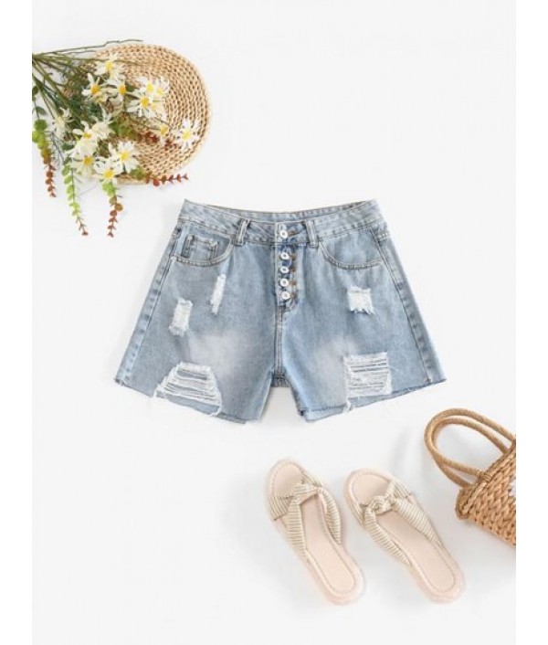 High Waisted Distressed Button Fly Jean Shorts