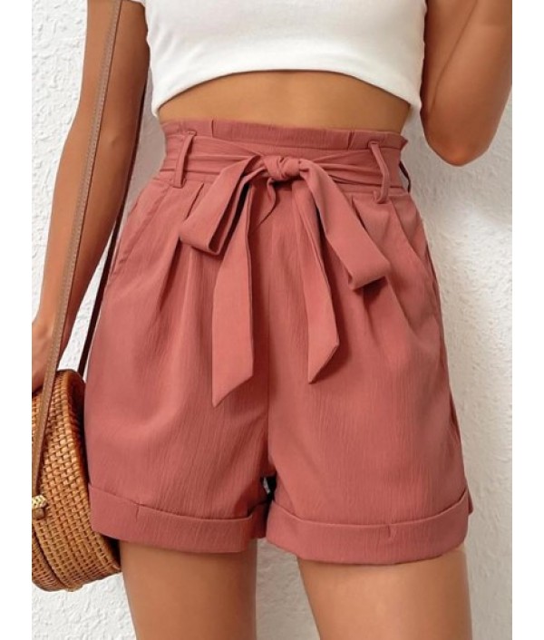 Solid Color Belted Casual Shor...