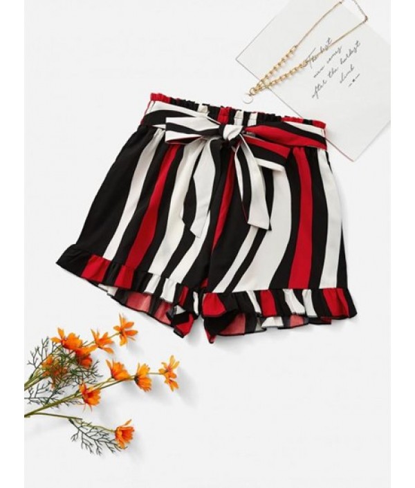 Mixed Stripes Tie Waist Ruffles Shorts