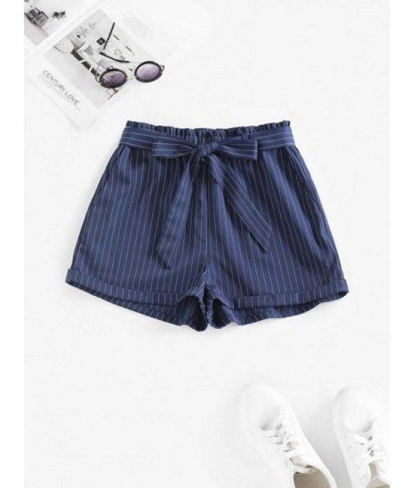 Pinstriped Paperbag Waist Rolled Hem Shorts