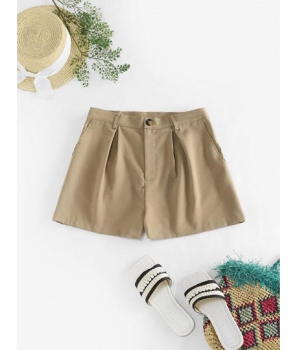 Pockets Solid Pleated Shorts