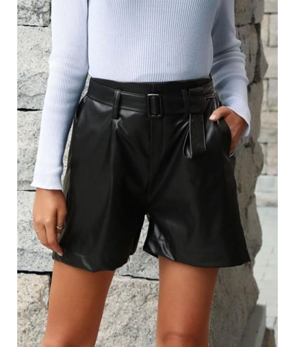 Buckle Belted PU Leather Pleated Shorts