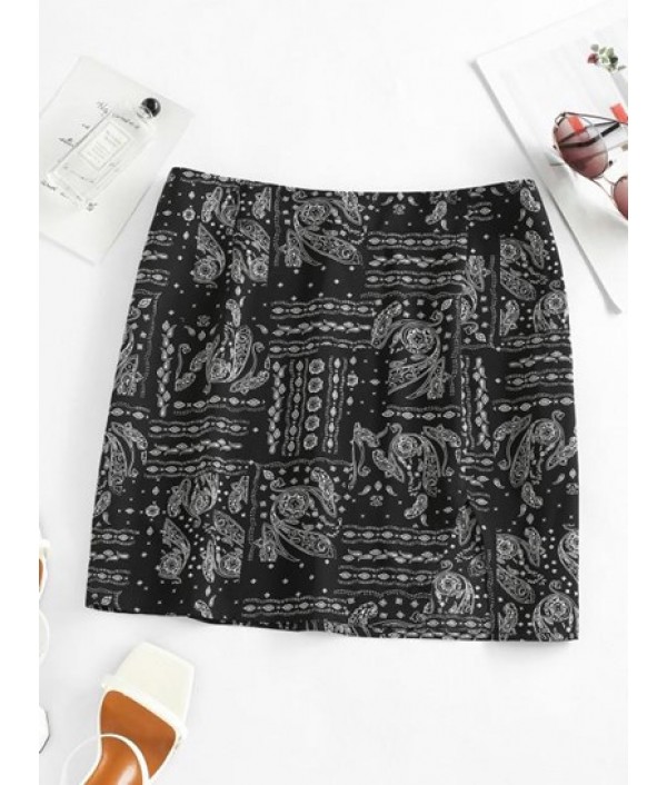 Front Slit Ethnic Paisley Print Skirt