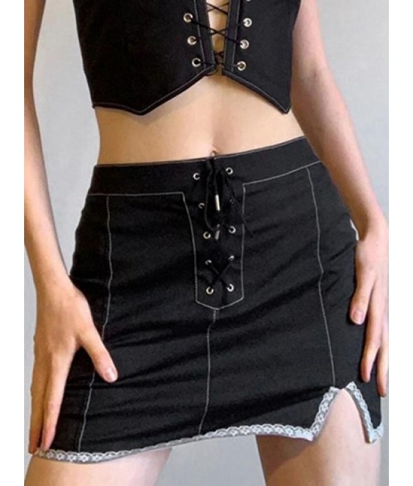 Front Slit Lace Up Lace Trim Mini Skirt