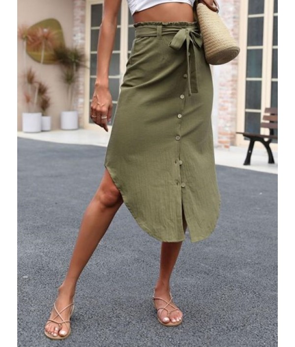 Button Up Belted Paperbag Midi Skirt