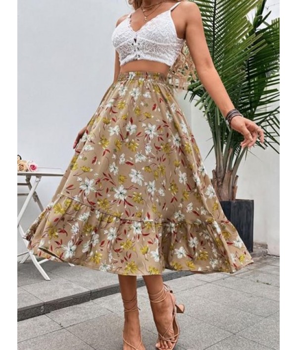 Flower Print Flowy Casual Tiered Skirt