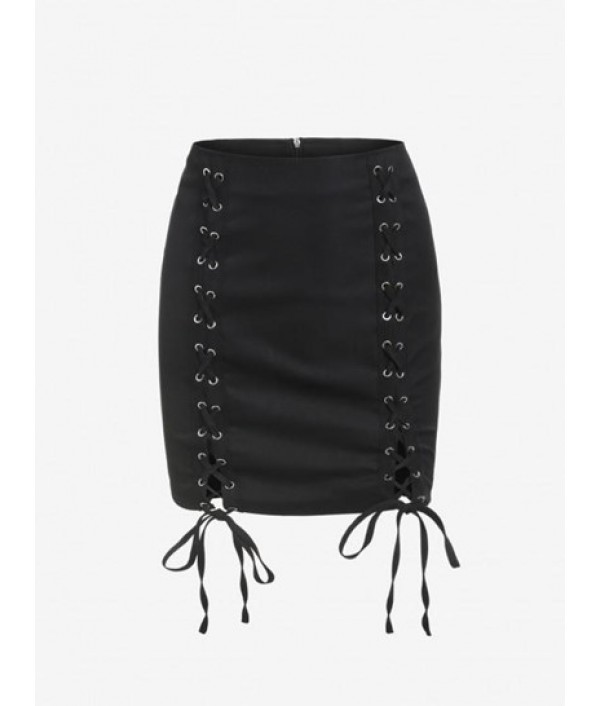 Lace Up Solid Mini Skirt