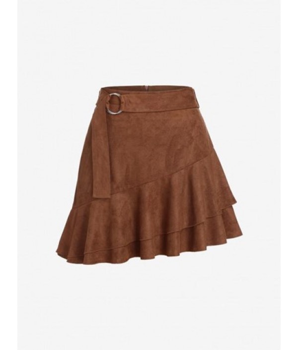 Faux Suede Belted Flounce Asymmetric Skirt