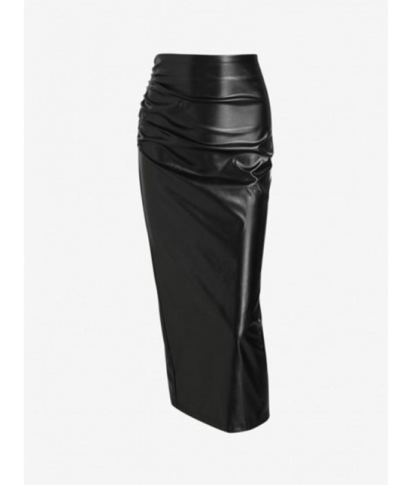 Ruched PU Midi Pencil Skirt