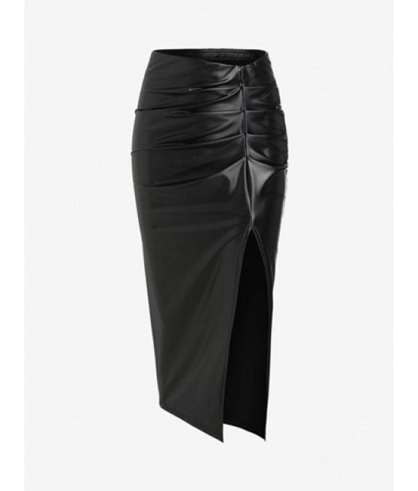 Ruched PU Leather Front Slit Midi Skirt