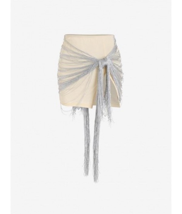 Fringed Slit Tied Mini Bodycon Skirt