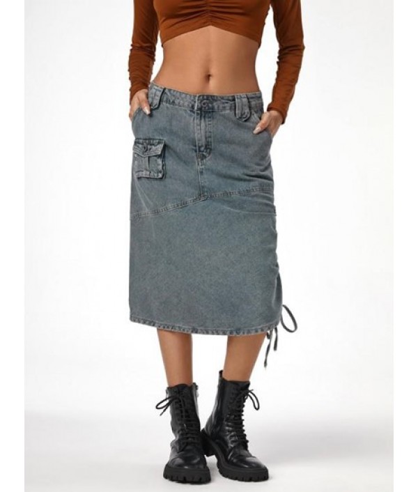Cinched Side Pockets Denim Cargo Skirt