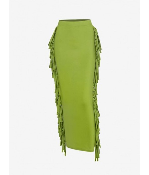 Fringed Side Slinky Maxi Skirt