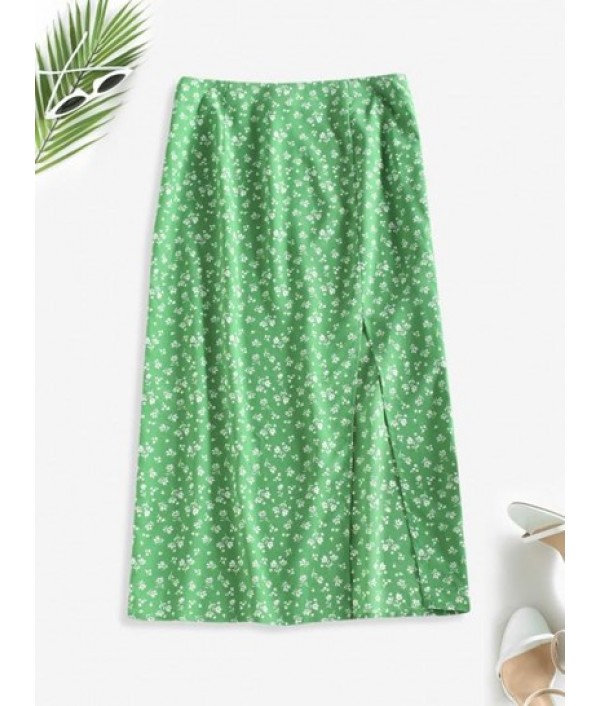 Ditsy Print High Slit Midi Skirt