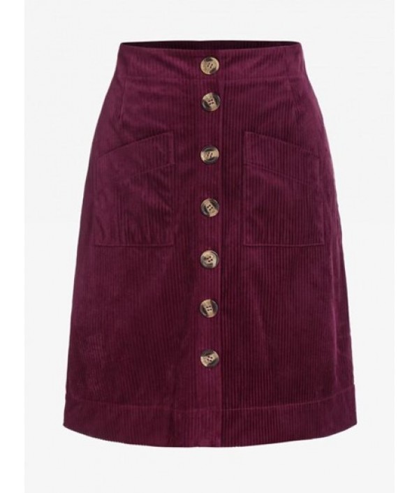 Pockets Corduroy Button Front A-line Skirt