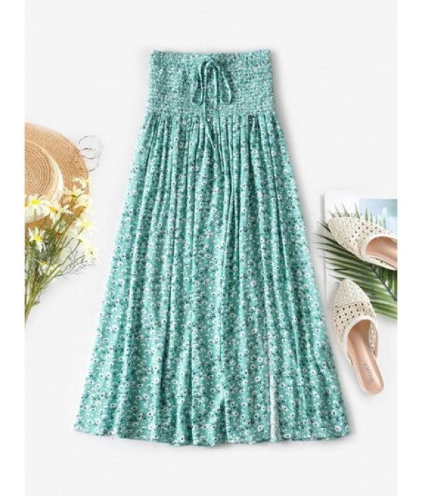 Ditsy Print Smocked Waist Slit Maxi Skir...