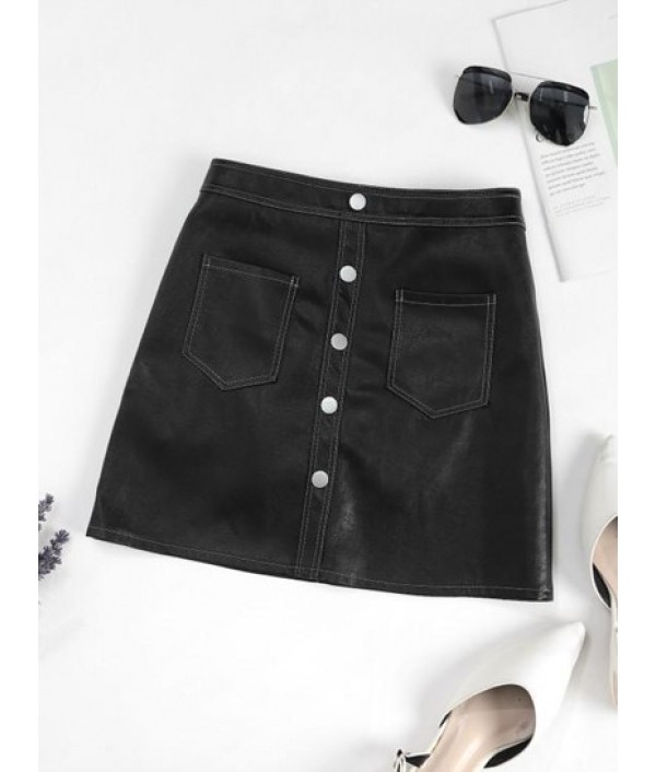 Pockets Mock Button PU Leather Mini Skirt