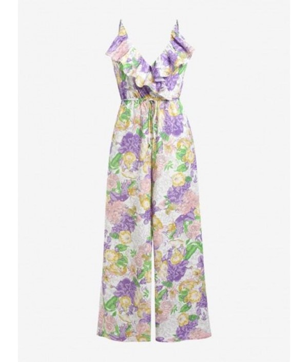 Floral Print Smocked Ruffle Wide Leg Jumpsuit