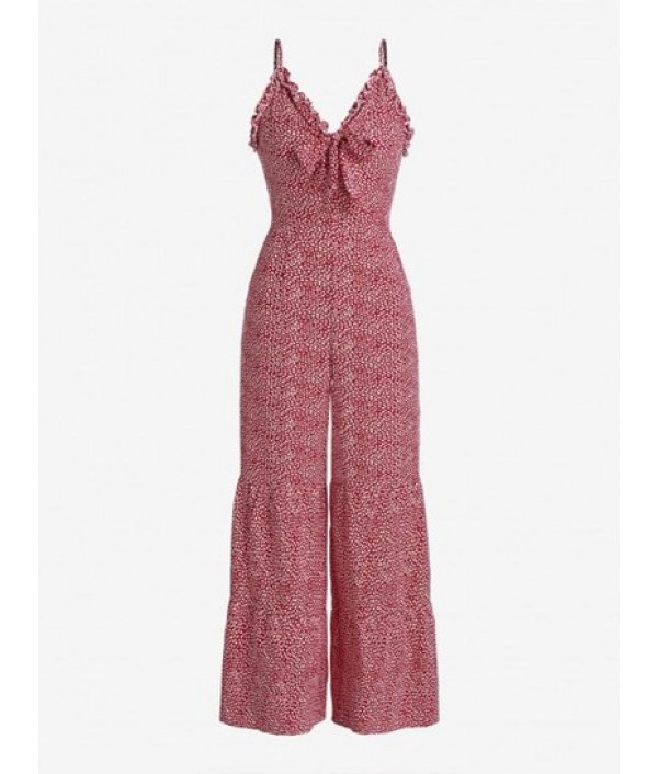 Ditsy Print Tie Front Frilled Wide Leg Jumpsuit