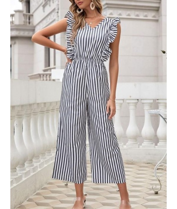 Tie Open Back Stripes Ruffles Wide Leg J...