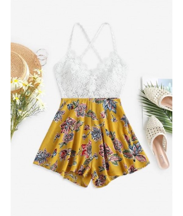 Guipure Flower Criss Cross Wide Leg Romper