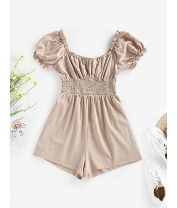 Ruffle Smocked Puff Sleeve Wide Leg Romper