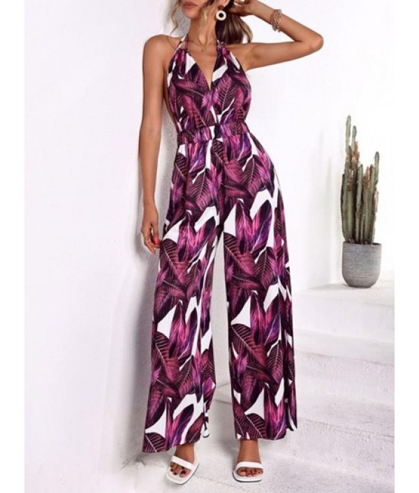 Leaves Print Halter Backless Wide Leg Jumpsuit