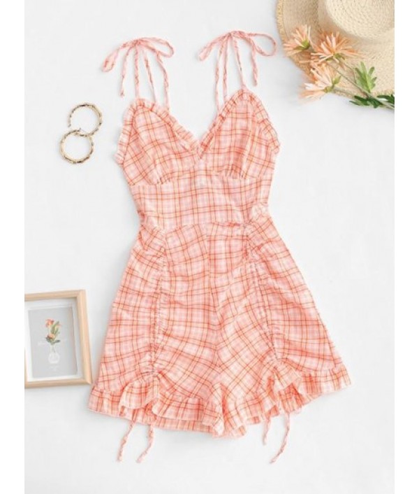 Gingham Cinched Ruffle Backless Romper