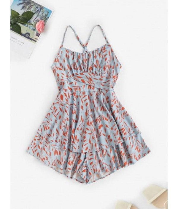 Tie Waist Criss Cross Back Leaves Print Layered Romper