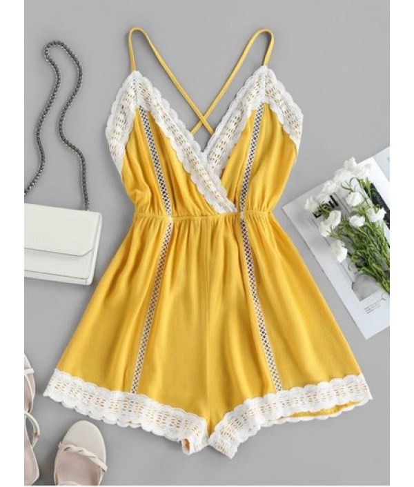 Lace Insert Hollow Out Crisscross Backless Romper