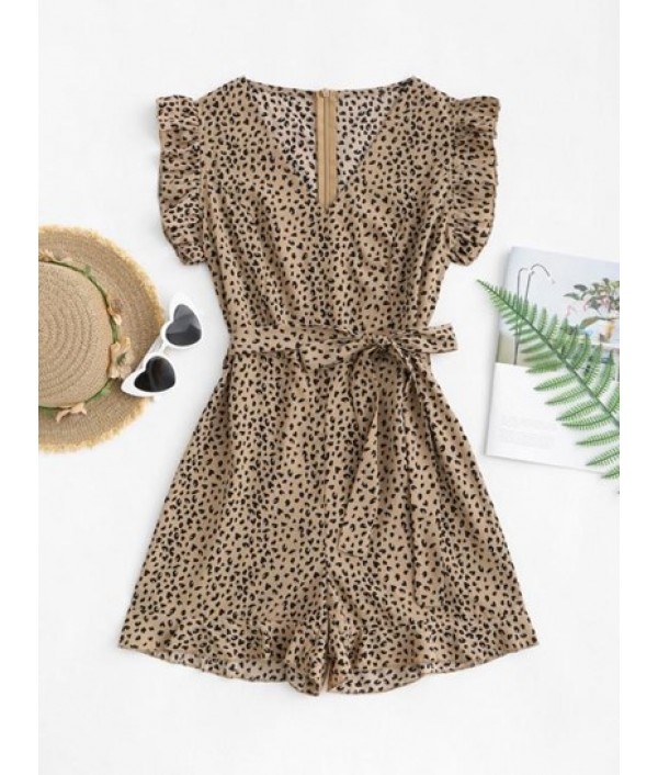 Leopard Ruffles Belted Romper