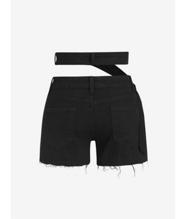 Asymmetrical Belt Denim Cutoff Shorts