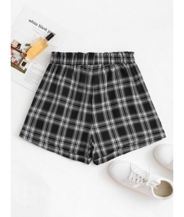 Tie Waist Cuffed Hem Plaid Paperbag Shorts