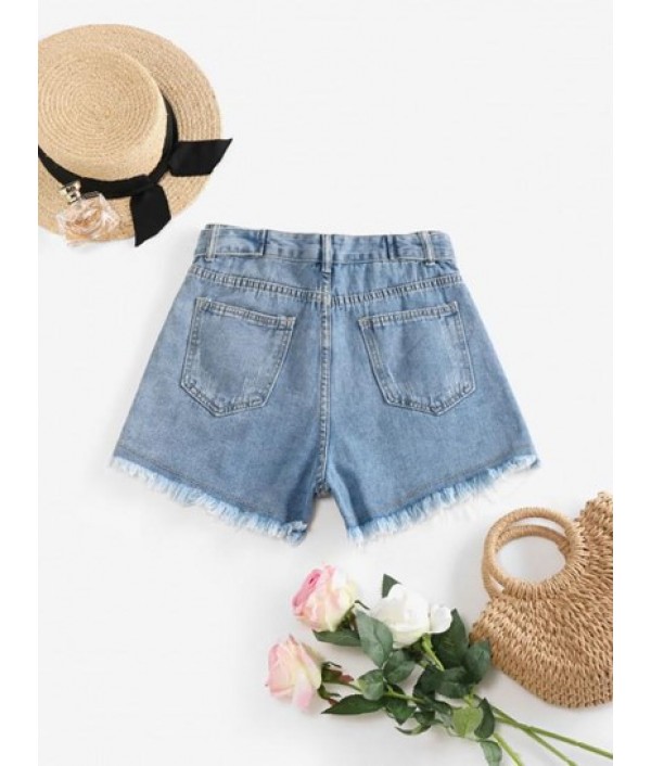 Frayed Pocket Belted Denim Shorts