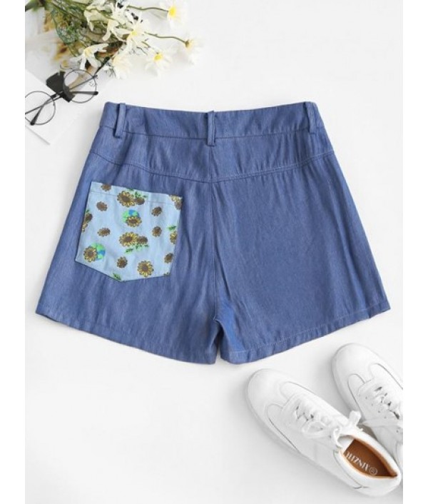 Chambray Sunflower Pocket Zip Fly Shorts