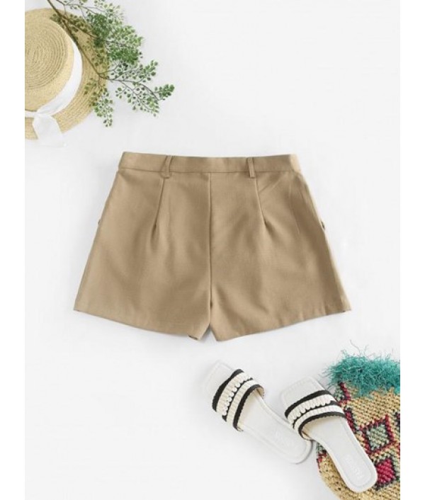 Pockets Solid Pleated Shorts