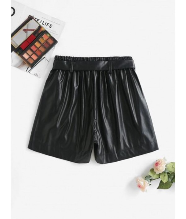 Buckle Belted PU Leather Pleated Shorts