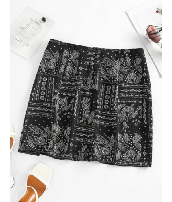 Front Slit Ethnic Paisley Print Skirt