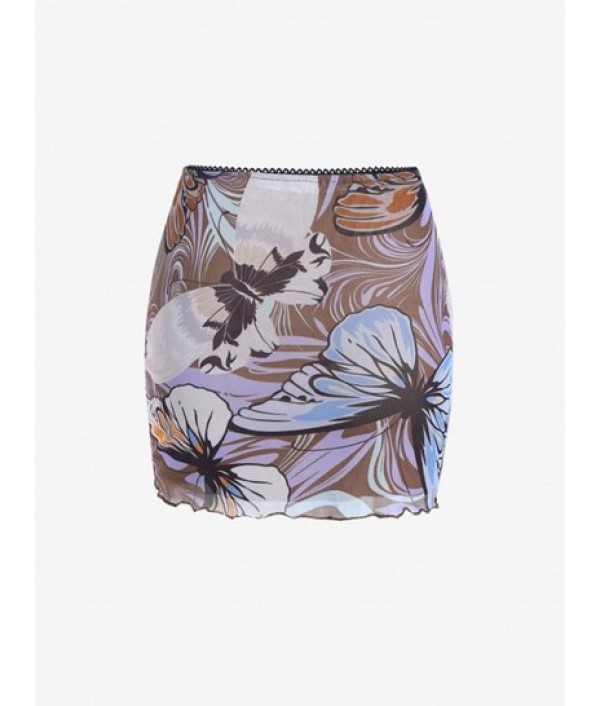 Mesh Overlay Butterfly Print Bodycon Skirt