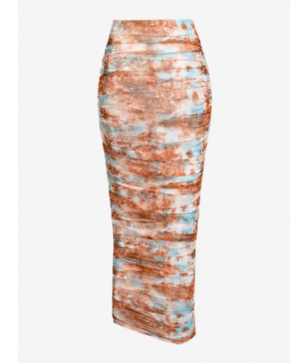 Abstract Print Ruched Mesh Slinky Long Skirt