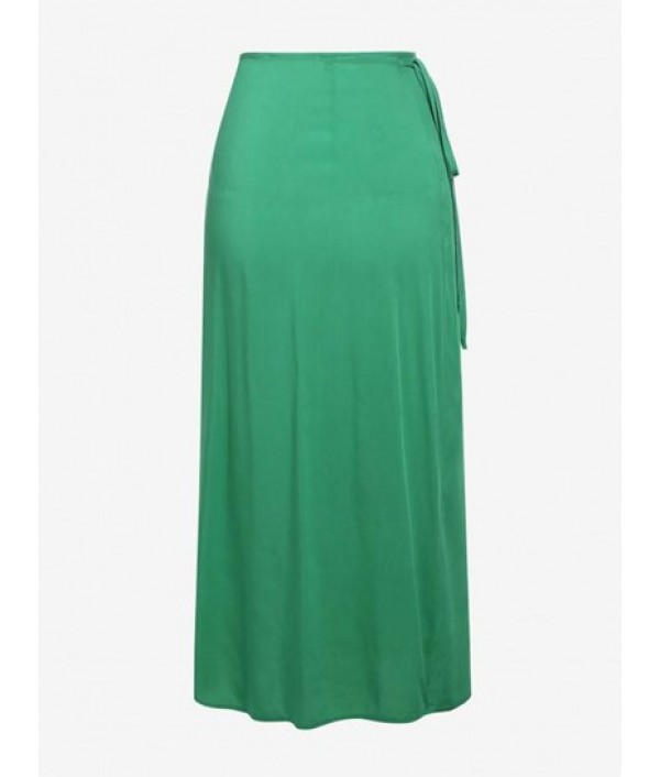 Tie Waist Solid Wrap Midi Skirt