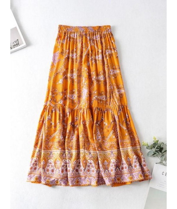 Bohemian Floral Print Drawstring Slit Skirt