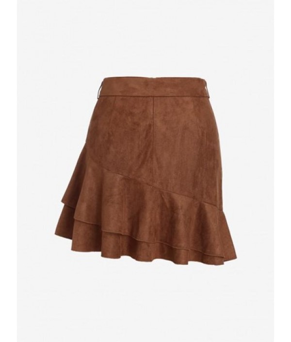 Faux Suede Belted Flounce Asymmetric Skirt