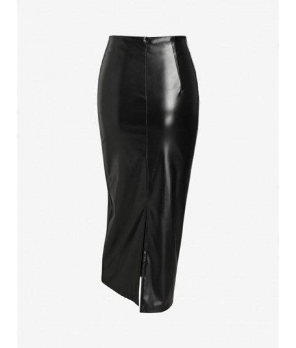 Ruched PU Midi Pencil Skirt