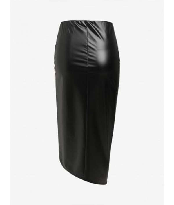 Ruched PU Leather Front Slit Midi Skirt