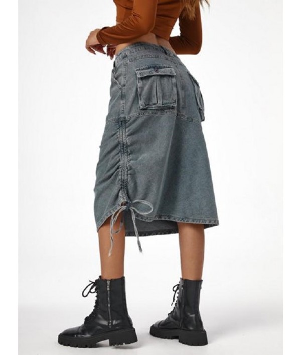 Cinched Side Pockets Denim Cargo Skirt