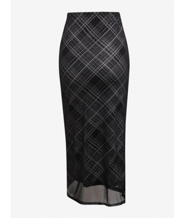 Plaid Mesh Overlay Midi Bodycon Skirt